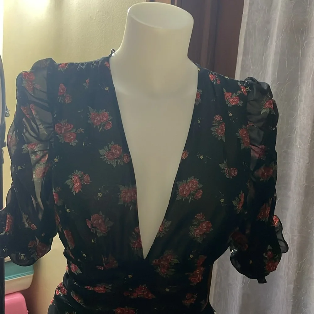 Zara Floral Ruched Mini Dress Mesh Ruffle Plunge V-Neck Puff Sleeve Size Small - Picture 6 of 8